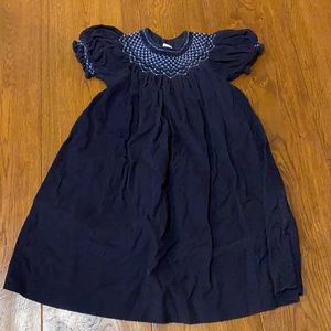 Blue ribbed dress, smocked with Pearl design